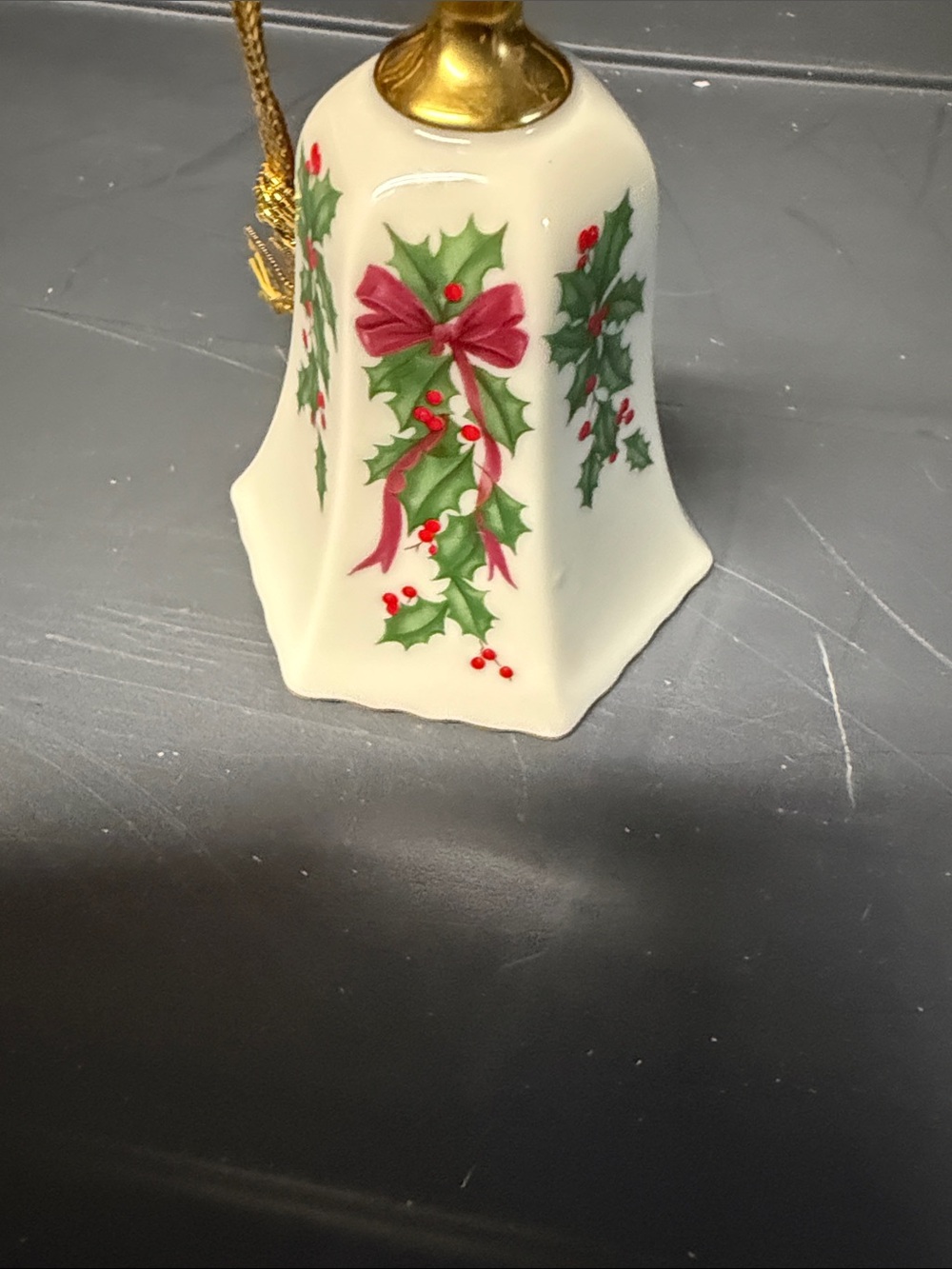 1991 Lenox Holiday Holly Porcelain Bell Ornament - Gold Tassel - Picture 5 of 8